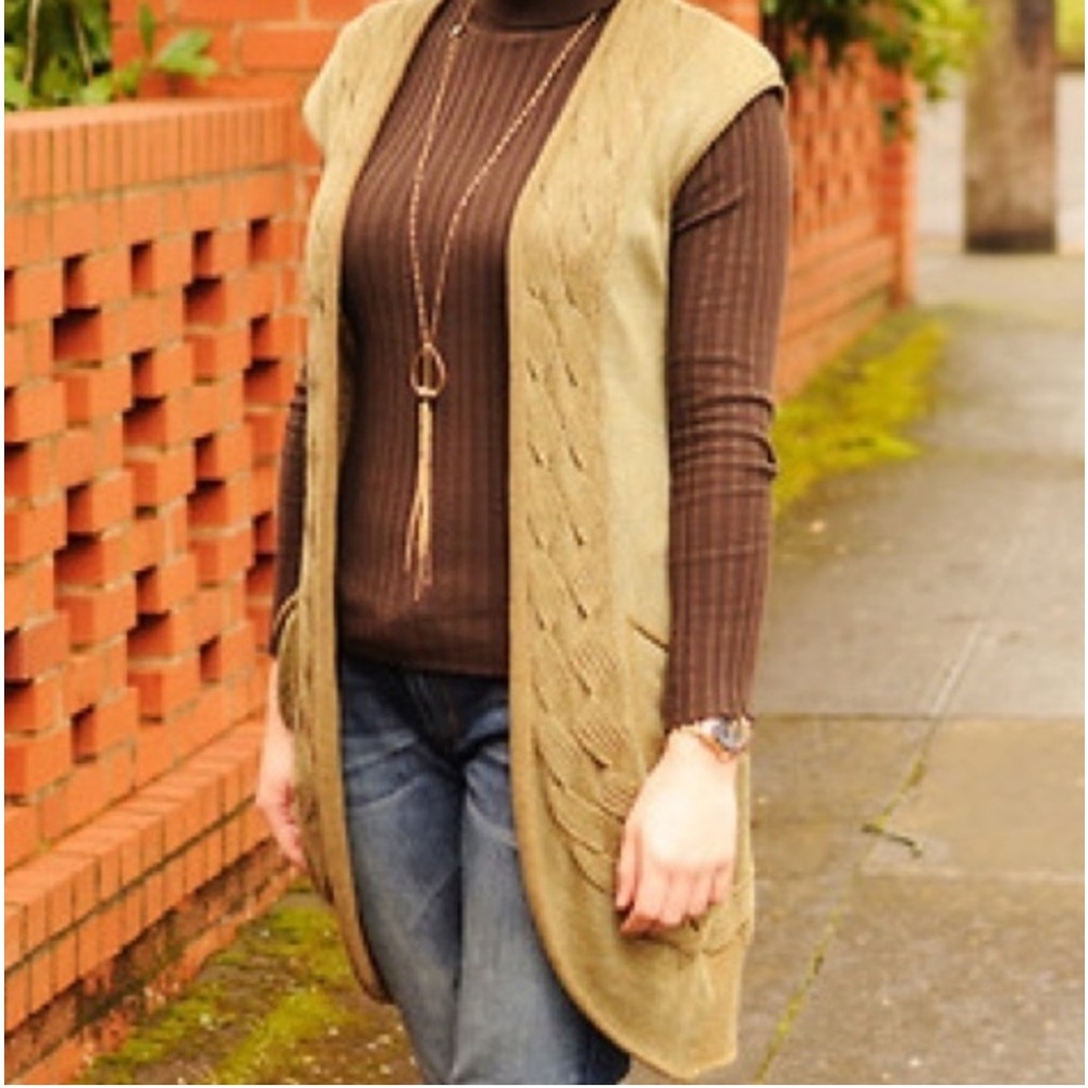 Anthro Guinevere Olive Green Shimmery Metallic Knit Long Boho Duster Cardi Vest